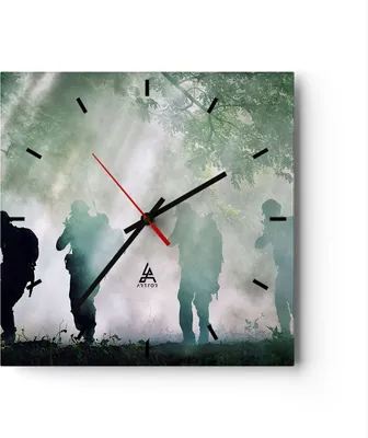 Produktbild von Wanduhr - Quadrat - Glasuhr - Soldat Gewehr - 30x30cm - Schleichendes Uhrwerk - Lautlos - zum Aufhängen bereit - Dekoration Modern - Wanddekoration aus Glas - C3AC30x30-3976