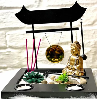 Produktbild von Mex Zen Garten mit Gong auf Platte Deko Set Buddha Teelichthalter mit Räucherstäbchen Figur Deko Buddhismus Entspannungsset in Gold