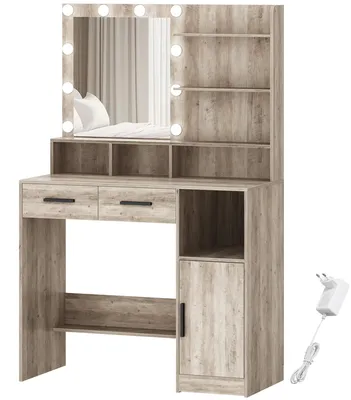 Image de Table de maquillage avec miroir - 10 LED - Intensité réglable - 2 tiroirs - 1 armoire - 3 étagères et 4 compartiments ouverts - Couleur : gris clair