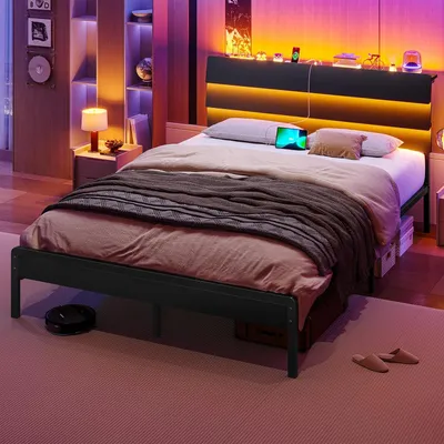 Image de Lit KIMENICH 140 x 200 cm avec éclairage LED, lit en métal avec station de recharge, noir