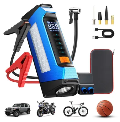 A collage of a car jump starter, its accessories, and various vehicles it can be used with.