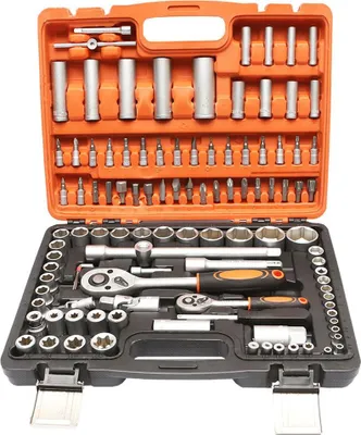 Immagine prodotto di Valigetta utensili professionale 108 pezzi, serie di chiavi a bussola, torx cricchetti, prolunghe, kit attrezzi per auto, officina fai-da-te con attacchi 1/2" e 1/4"