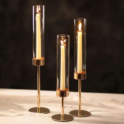 Produktbild von Kerzenständer Gold Glaszylinder für Stabkerzen 3er Set 34,5-45,5 cm