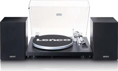 A Lenco turntable with two speakers, presented on a white background.