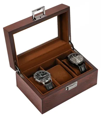 Image de Boîte à montres avec 3 compartiments, coffret à montres en bois avec couvercle en verre, coussinets pour montres, expresso, 18,5 x 11,5 x 8 cm