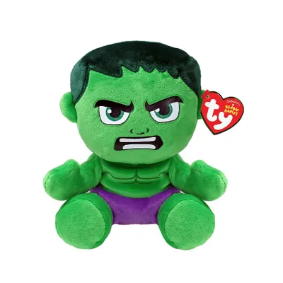 A plush toy of the Marvel character Hulk is shown sitting against a white background.