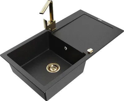 Produktbild von Mexen Leo 1 Becken-Granitspüle mit Abtropffläche und Mischbatterie Rita, Schwarz/Silbermetallic - 6501-73-670300-50