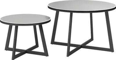 Two round tables with black metal frames and gray tops are shown against a white background.