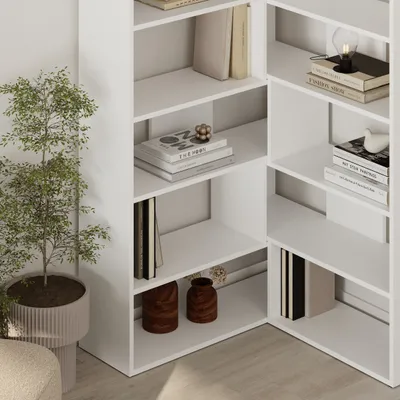 Produktbild von Decortie Molly Modernes Eck-Mehrzweck-Bücherregal Display Unit No.4 , Weiß 93,6 x 29,6 x 178,6 cm
