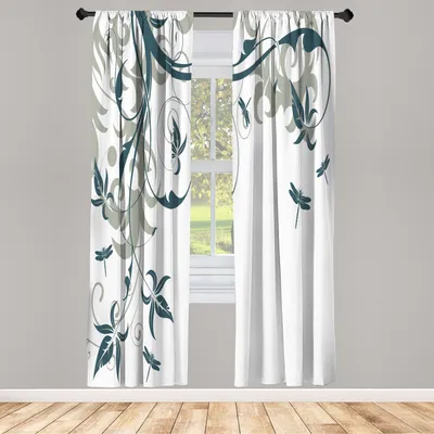 Produktbild von ABAKUHAUS Libelle Vorhänge 2 Panel Set für Wohnzimmer Schlafzimmer Dekor, Wirbelte Blumenhintergrund Damast Curl Zweige Und Blätter Drucken, 150 cm x 225 cm, Dunkler Teal