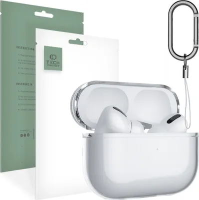 A clear protective case for Apple AirPods Pro with the earbuds inside, along with packaging and instructions.