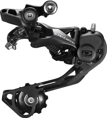 A black bicycle rear derailleur is shown against a white background.