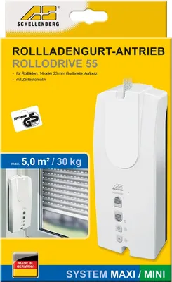 Produktbild von Schellenberg 22755 Elektrischer Gurtwickler Aufputz RolloDrive 55, Rolladenantrieb bis 5 m² Rollladenfläche, für Mini und Maxi Gurtband, Zugkraft max. 30 kg, Antrieb + Zeitautomatik, Komplettset