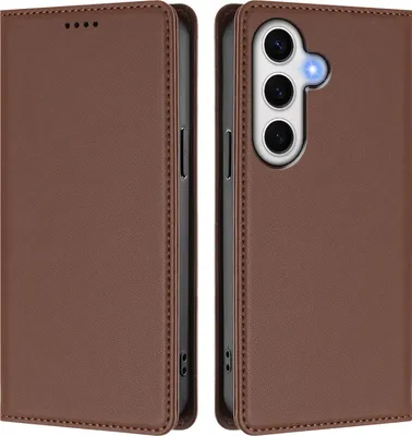 Image de Étui en cuir pour Samsung Galaxy S24 FE, étui à rabat magnétique en cuirPolyuréthaneavec support, marron