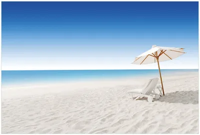 Produktbild von Wallario Premium Glasbild, freischwebende Optik, kräftige Farben, Größe 90 x 60 cm Motiv Sonnenliege am weißen Strand unter blauem Himmel