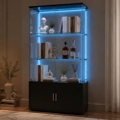 Image de Vitrine en verre avec éclairage LED et serrure, présentoir avec 2 portes, armoire vitrine en bois et verre, vitrine d'exposition, pour objets de collection, couleur noire