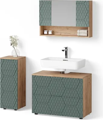Immagine prodotto di Set mobili bagno Livinity Ronco Quercia verde/oro 3 pezzi, con cassettiera e mobile midi, Model 52940