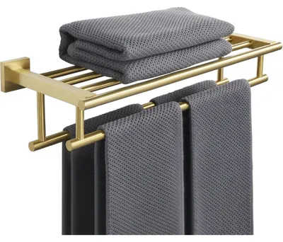 Obrázek produktu pro Nástěnný držák na ručníky, 50 cm, s odkládací plochou, nerezová ocel, zlatá barva