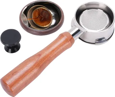Obrázok produktu pre 58 mm portafilter bez dna, vhodný pre kávovar Petrus, nerezová oceľ, 3 uši, drevená rukoväť