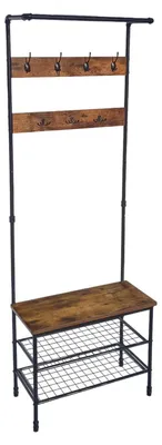 A coat rack with a bench and shoe shelves.