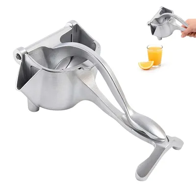 A manual citrus juicer is shown against a white background. A smaller inset image shows the juicer being used to squeeze an orange, with a glass of juice and an orange slice nearby.