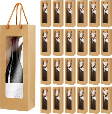 Image de 24 sacs en papier kraft, avec fenêtre transparente, munis de poignées, pour bouteilles de vin