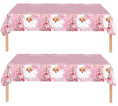 Productafbeelding van Twee kersttafelkleden, afwasbaar, kunststof, 137 x 274 cm, roze, met kerstboomprint