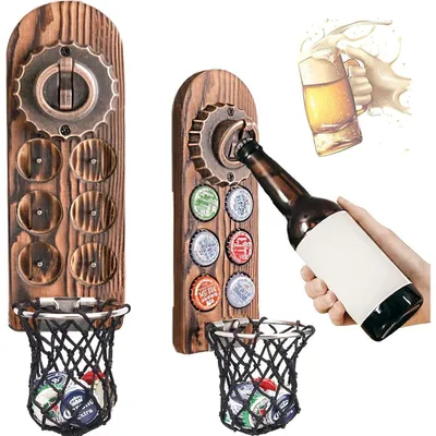 Produktbild von Wand-Flaschenöffner mit Kronkorken Sammler und Auffangbehälter, Retro-Design, Holz/Zinklegierung