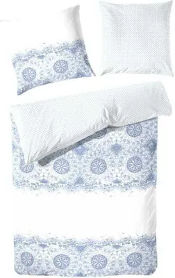 Produktbild von Hahn Satin Bettwäsche Baumwoll Wende Ornamente Punkte Blau 100% Baumwolle Reißverschluss Bettbezug Kissenbezug Bettgarnitur 155x220 cm