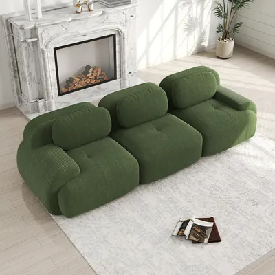 Produktbild von MODFU 3-Sitzer Ecksofa Cord,Modulares Sofa mit Geschwungene Armlehnen und Rutschfeste Unterseite,Rahmenloses Loungesofa,ohne Ottoman,Grün