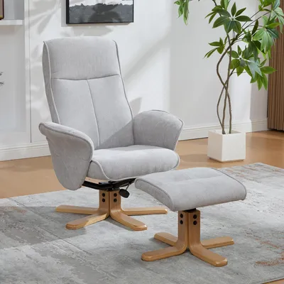 Produktbild von Drehbarer Relaxsessel Hocker Chenille Massivholzsockel 360° 145° Grau