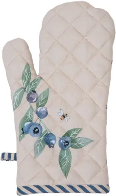 Produktbild von Unyqoos® Clayre & Eef Ofenhandschuh, 18x30 cm – Beige Baumwolle mit Blaubeer‑Print, Polyesterfüllung & Aufhängeschlaufe