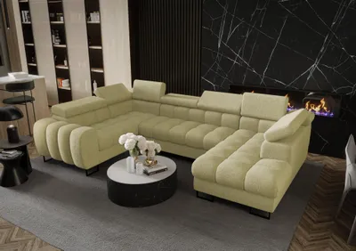 Produktbild von Wohnlandschaft Schlafsofa BASTIEN in Stoff Aragon Olivgrün Ottomane Rechts
