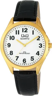 Produktbild von Q&Q Herrenuhr mit Kunstlederionsarmband, schwarz/goldfarben, 3 bar