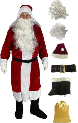 Produktbild von Weihnachtsmannkostüm, 6-teilig, mit Hut, Gürtel, Perücke, Bart, Schuhabdeckung, goldene Tasche, Nikolaus, Weihnachten