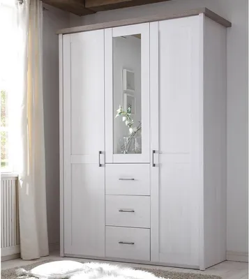 Produktbild von Kleiderschrank Drehtürenschrank Holzschrank Schrank Schlafzimmer "Lebbie II" Pinie Weiß / Trüffel