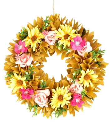 Imagen del producto de Guirnalda de copas de madera con margaritas amarillas, diámetro 30 cm