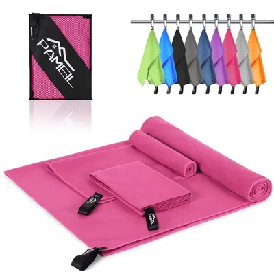 Obrázok produktu pre Pameil, sada 3 mikrovláknových uterákov (1 veľký uterák 160x80 cm + 2 malé uteráky 80x40 cm), rýchloschnúce mikrovláknové uteráky vhodné na cestovanie, do posilňovne, sauny (ružové)