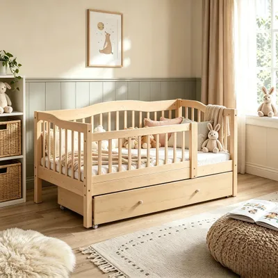 Immagine prodotto di Letto per bambini FCH con cassetti, dimensioni 80x160 cm, tipo casetta con rete a doghe, letto a terra con spazio contenitore e barriera removibile, realizzato con materiali naturali