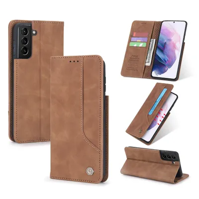Obrázek produktu pro RetroPolyuretankožené pouzdro pro Samsung Galaxy S21 FE 5G peněženkový design pouzdro s držákem na karty a stojánkem Hnědý