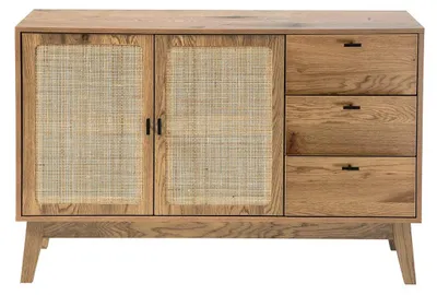 Image de CALICOSY - Buffet 2 portes et 3 tiroirs avec façades en rotin L120 cm - ALIA
