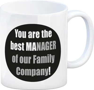 Produktbild von Manager of our Family Kaffeebecher mit Spruch für Mama zum Muttertag in weiß