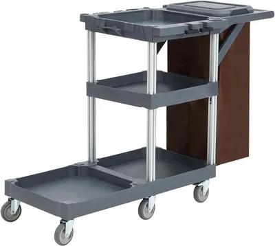 Obrázok produktu pre Profesionálny čistiaci vozík – vozík na upratovanie – 3 odkladacie plochy – odnímateľný vrecko na odpad – tiché kolieska – 130 × 93,5 × 55 cm – sivá farba