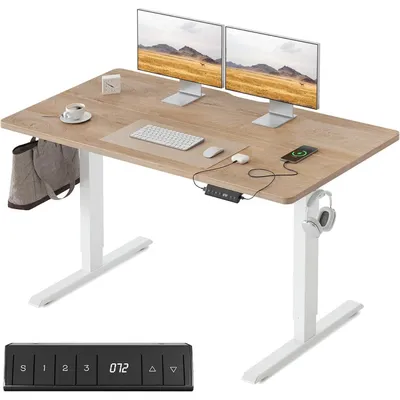 Obrázek produktu pro Výškově nastavitelný psací stůl s USB-A/USB-C porty, rozměry 120x60 cm, elektricky ovládaný, ergonomický, vhodný do domácí kanceláře, barva: dub