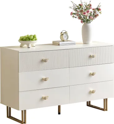 Zdjęcie produktu dla Nowoczesny kredens Sweiko z 6 szufladami w kolorze białym i złotymi akcentami - Elegancki design z MDF i stali, idealny do sypialni, salonów i stref wejściowych, 120x40x75 cm