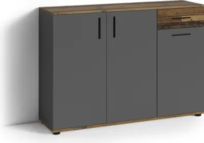 Produktbild von byLIVING Kommode Jakob, Breite 110 cm, Melamin anthrazit, Old Wood Optik, mit 3 Türen und 1 Schubkasten