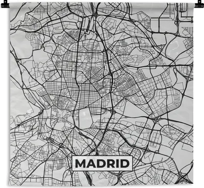 Produktbild von MuchoWow® Wandteppich Wandbehang Madrid - Schwarz und weiß - Stadtplan - Karte 150x150 cm Tapisserie Dekoration Wandtuch - Wohnaccessoires - Modernes