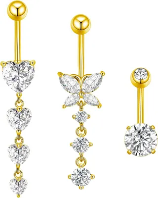 Imagen del producto de Juego de 3 piercings para el ombligo, acero inoxidable, 10 mm, con dijes de mariposa y corazón, para mujeres