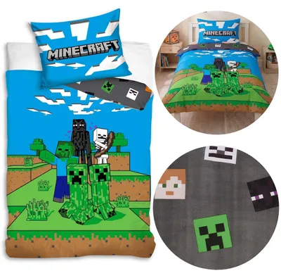 Produktbild von Minecraft Bettwäsche für Kinder, 160x200 cm + 70x80 cm, 100% Baumwolle, doppelseitig, mit Reißverschluss,