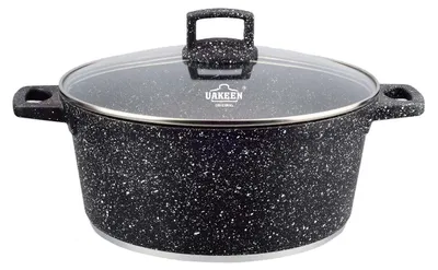 A black casserole pot with a granite coating and a glass lid is shown against a white background.